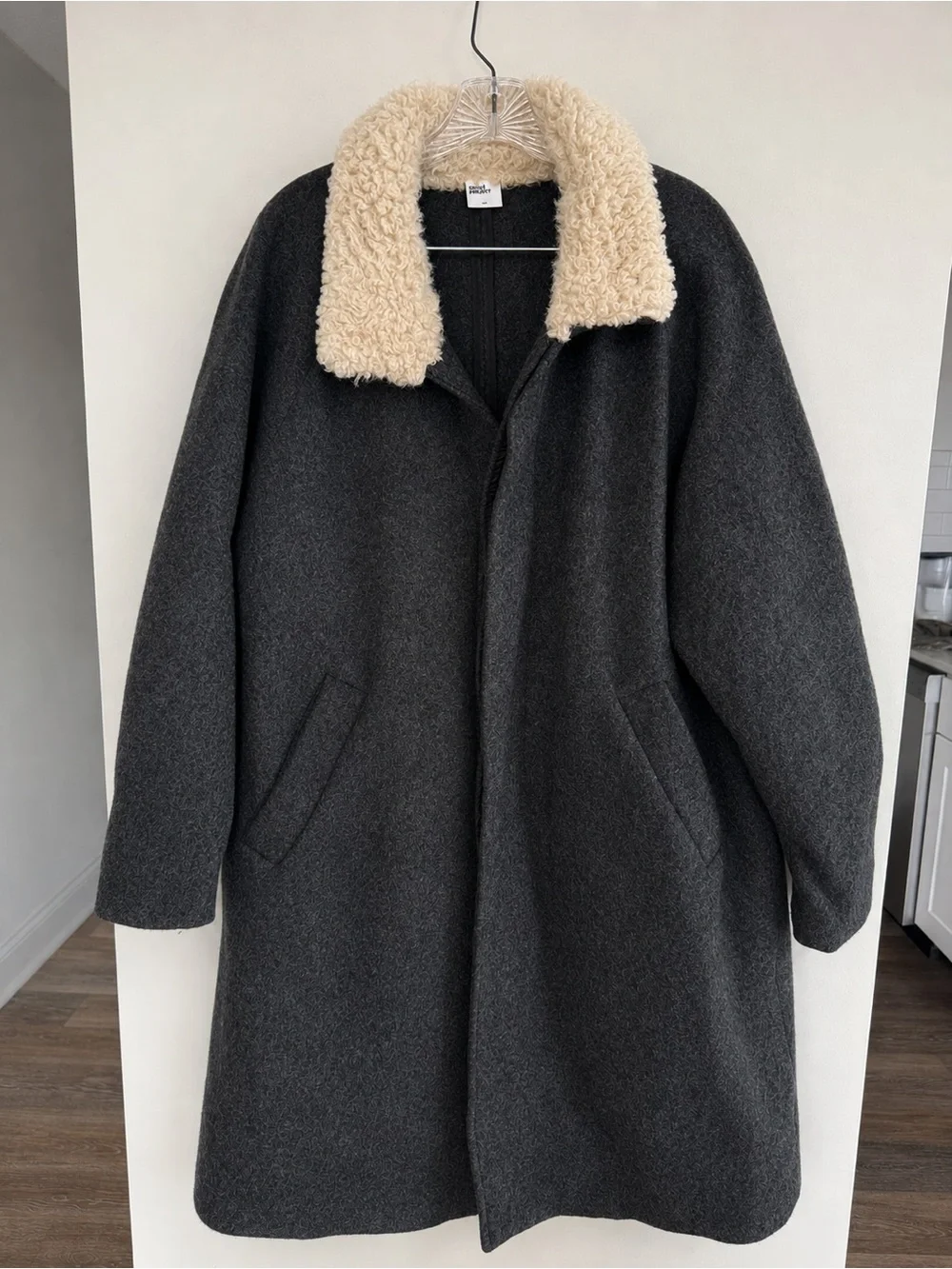 Simple Project 100% Wool Charcoal Coat Cream Shearling Collar XS